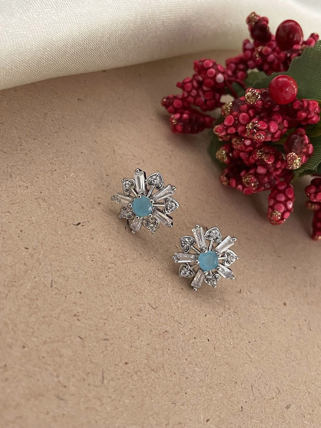 Digital Dress Room Silver-Plated Blue & White AD-Studded Floral Studs Earrings
