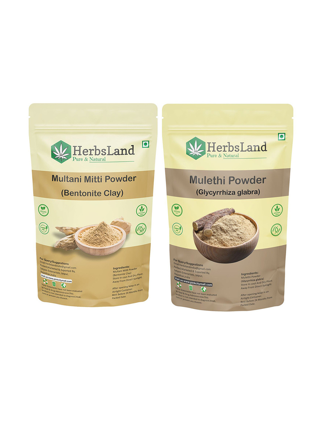 HerbsLand Set Of 2 Multani Mitti Powder (Bentonite Clay) & Mulethi Powder - 100 g Each