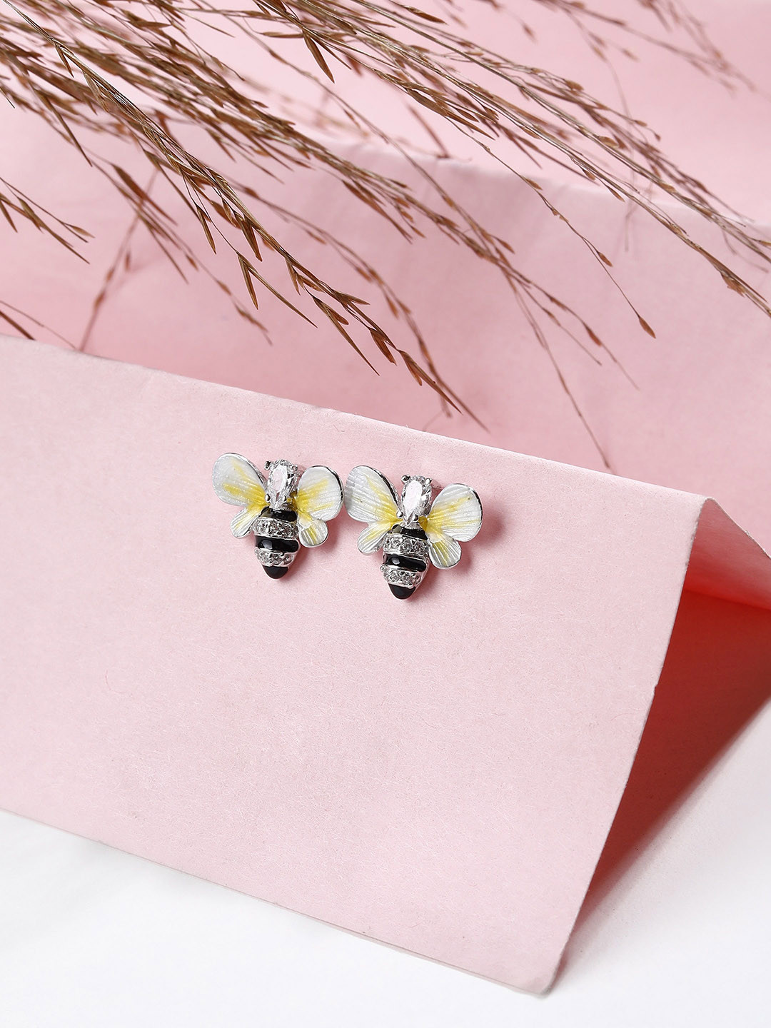 DIAVO Women Rhodium Plated Silver Toned Bee Studs Earrings