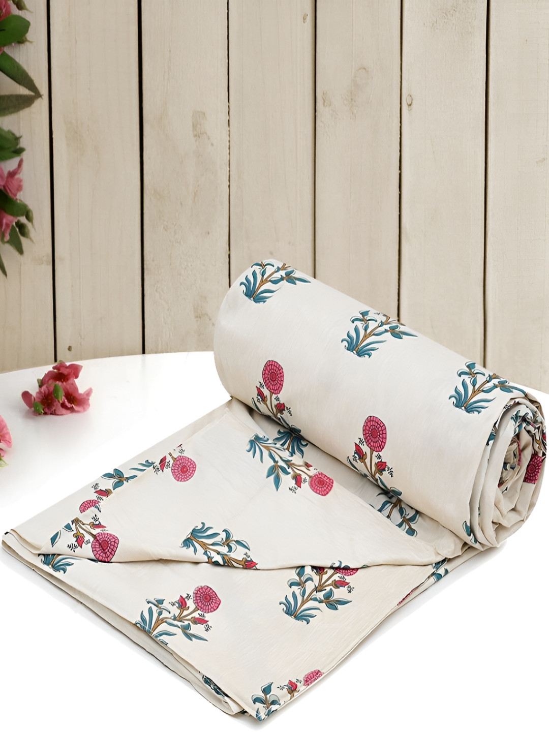 RRC  Maroon & Beige Floral Single Duvet Cover- 1.52 m x 2.28 m