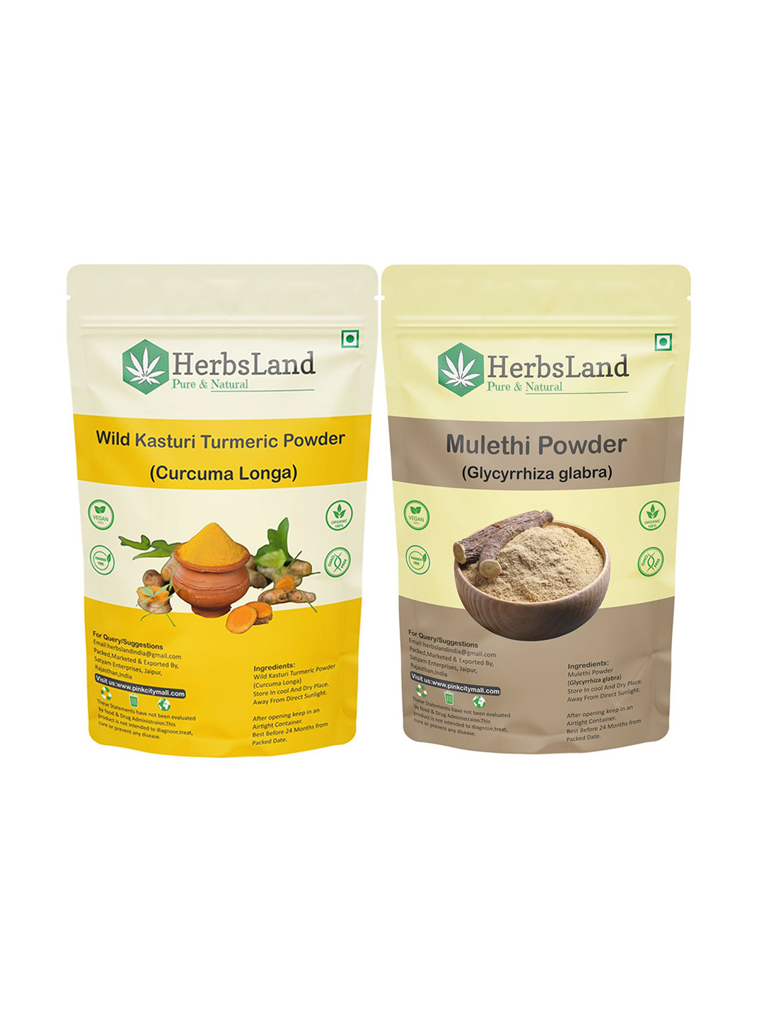 HerbsLand Set Of 2 Wild Kasturi Turmeric Powder & Mulethi Powder - 150 g Each