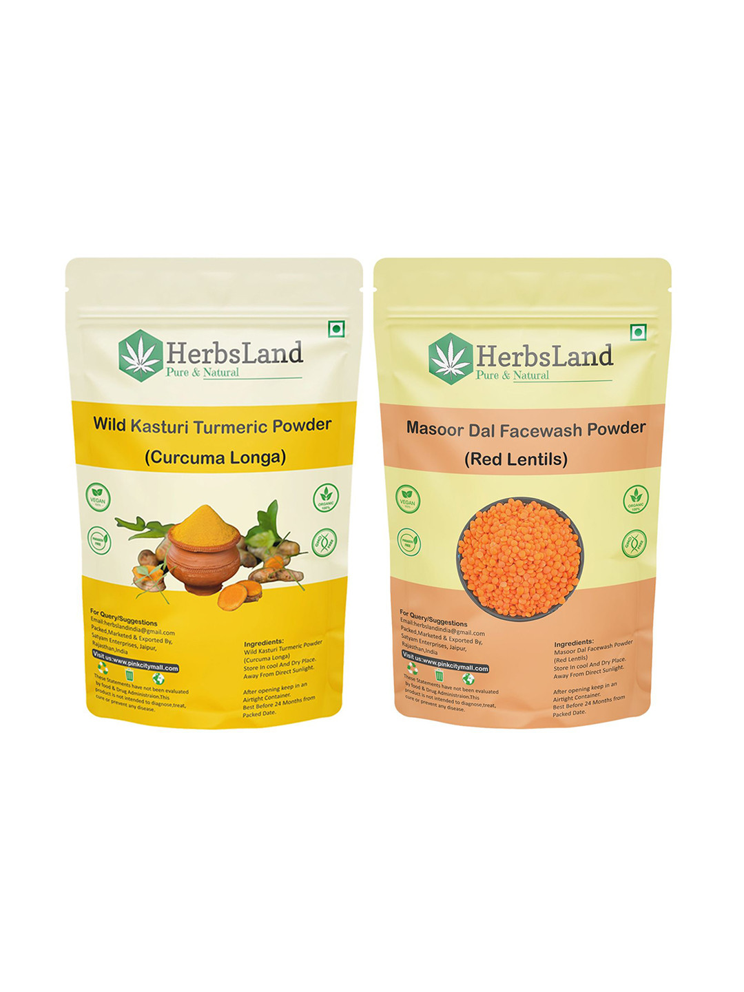 HerbsLand Set Of 2 Turmeric & Masoor Dal Face Pack Powder- 100 g Each