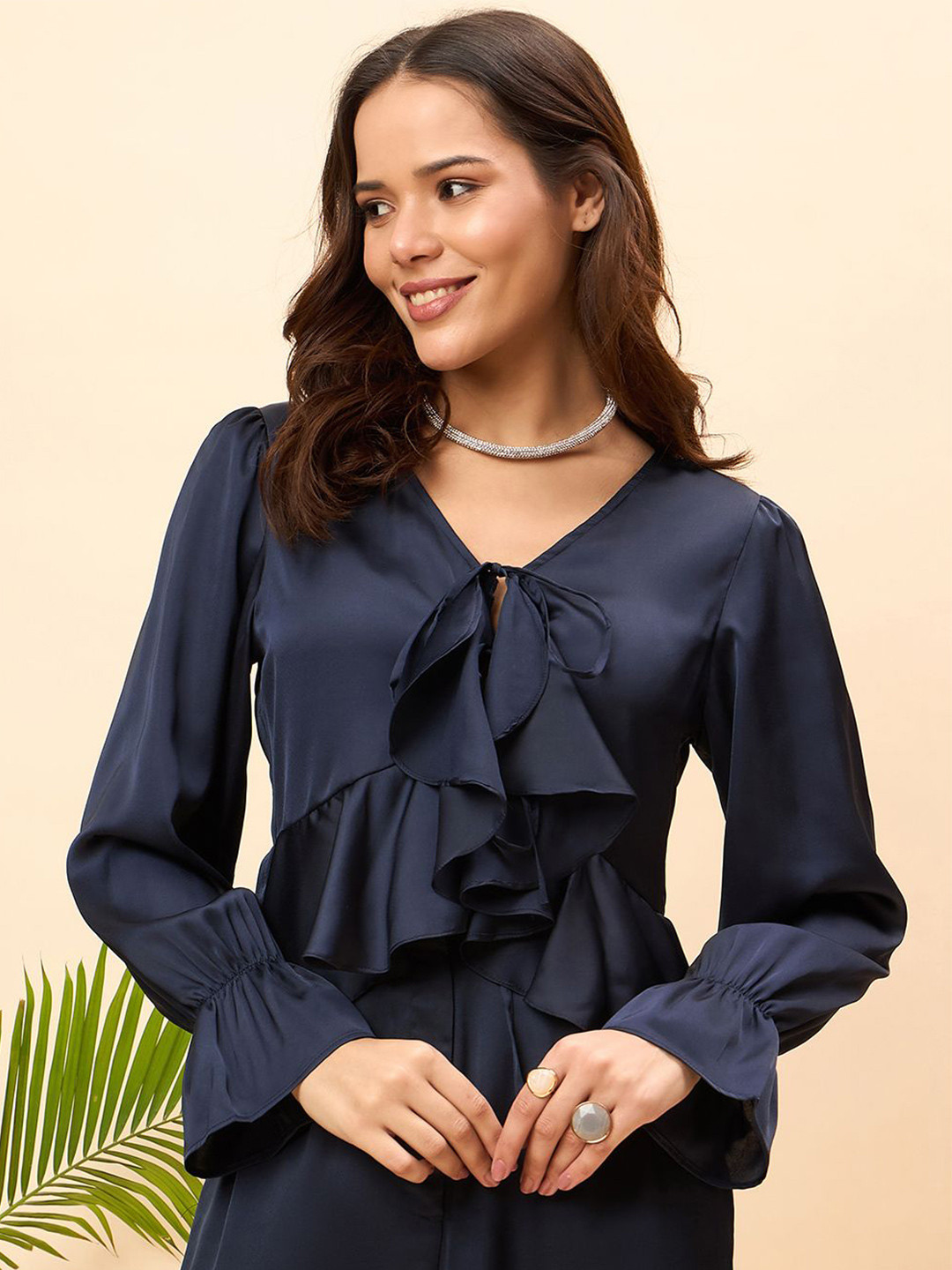 JUNE & HARRY Tie-Up Neck Bell Sleeve Satin Top