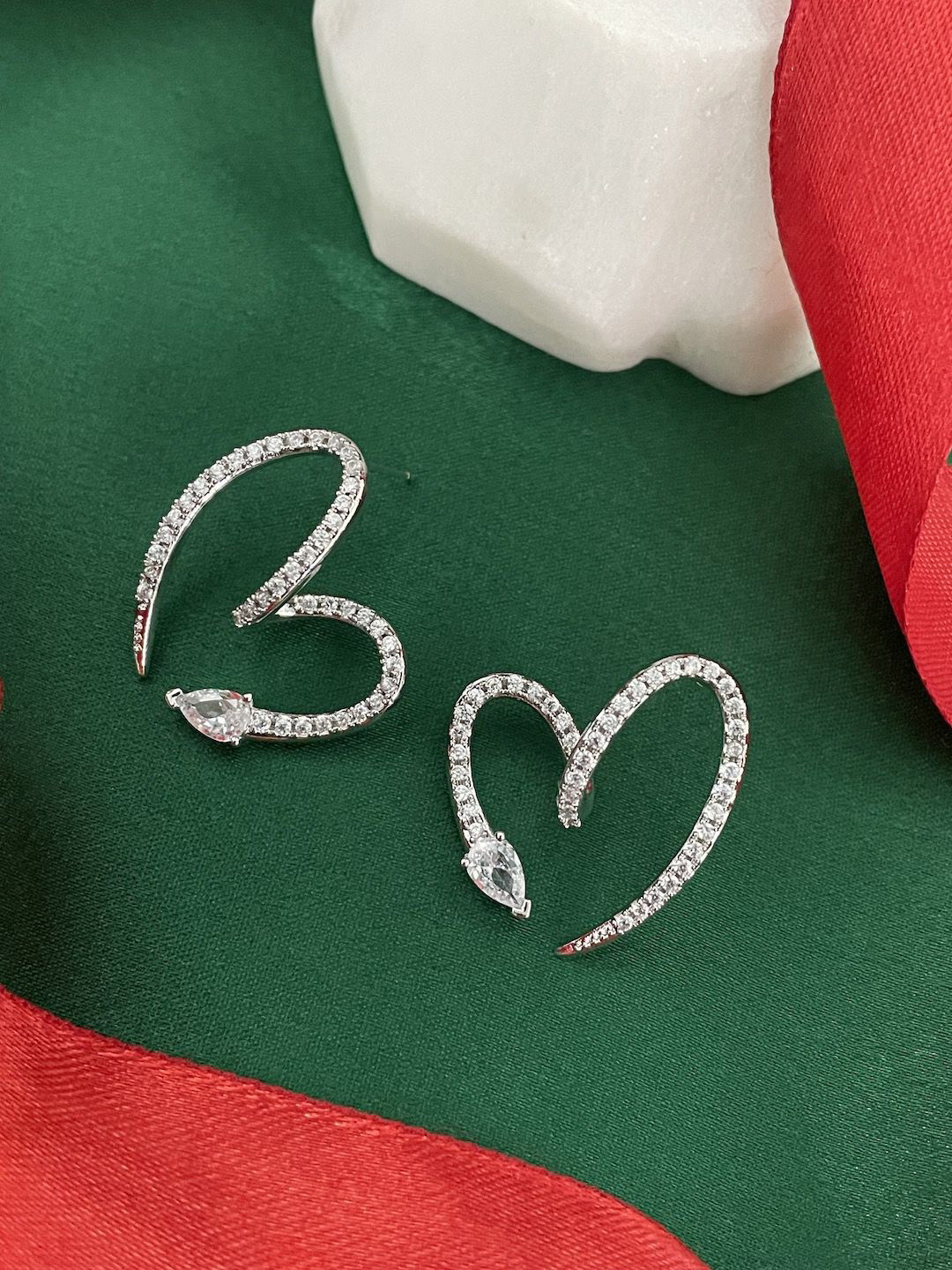 Digital Dress Room Silver Plated CZ Studded Heart Shaped Drop Earrings