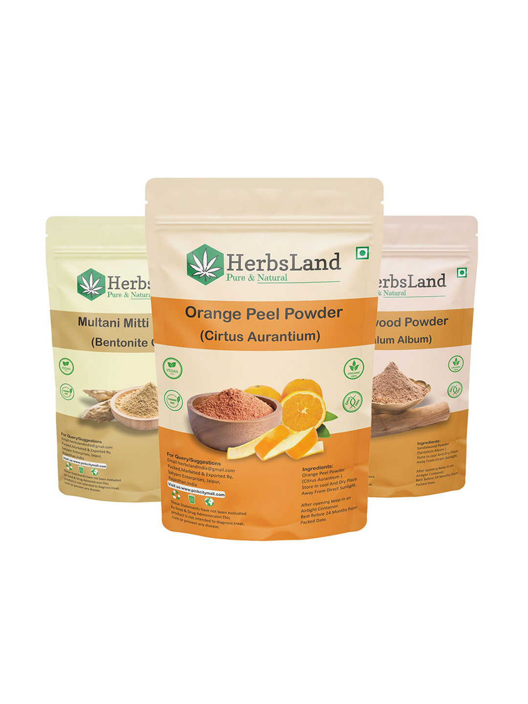 HerbsLand Set Of 3 100% Pure & Natural Orange, Multani Mitti, Sandalwood Powder-150g Each