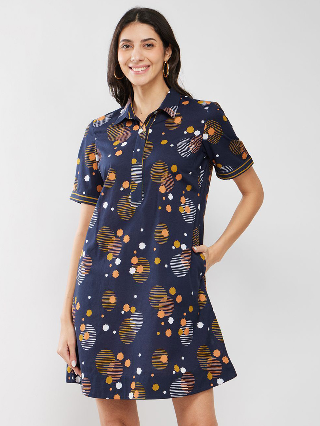 Pink Fort Cotton Print Play Dress - Navy Blue