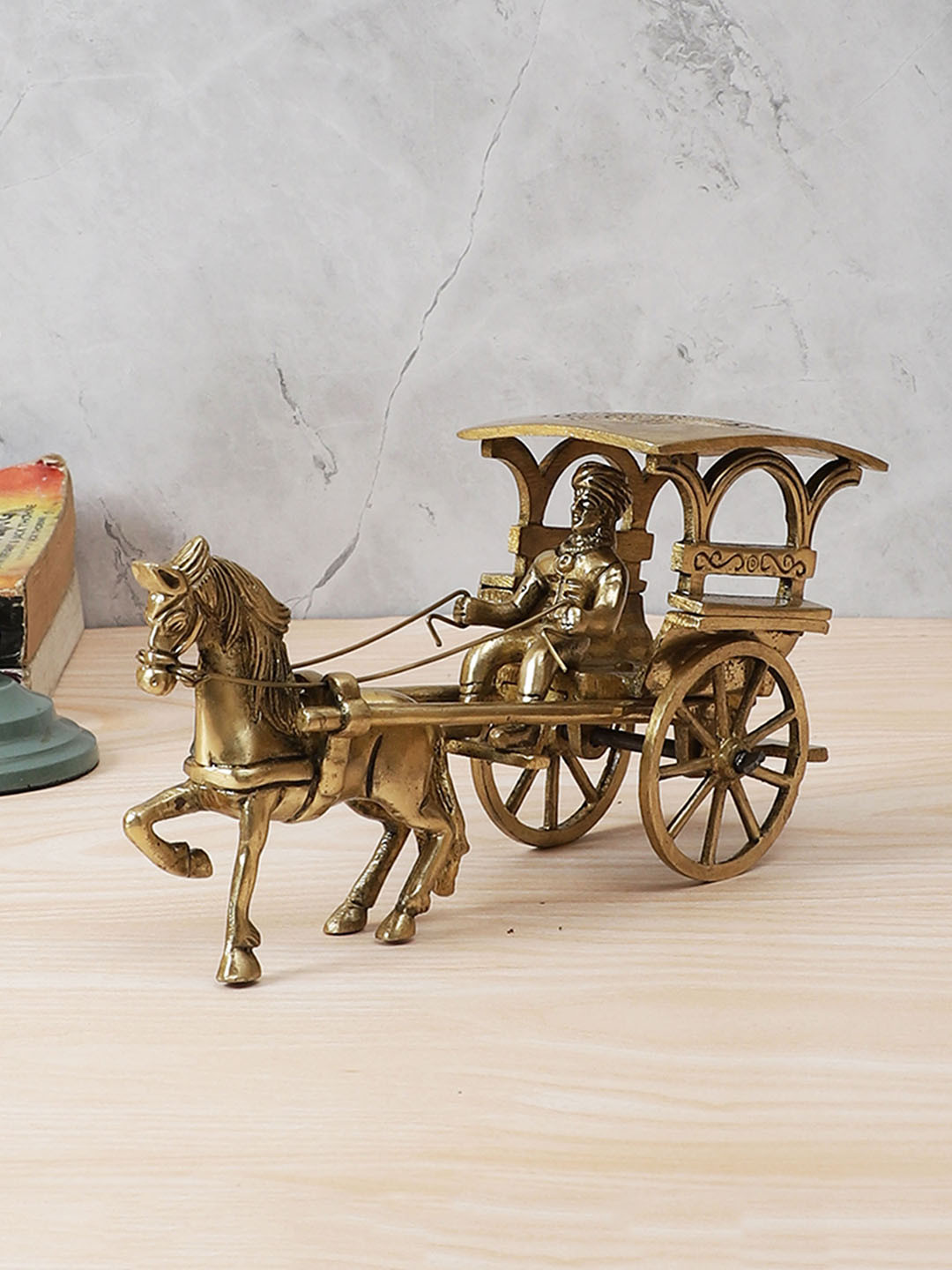Two Moustaches Gold-Toned Horse Carriage Brass Figurine Showpiece