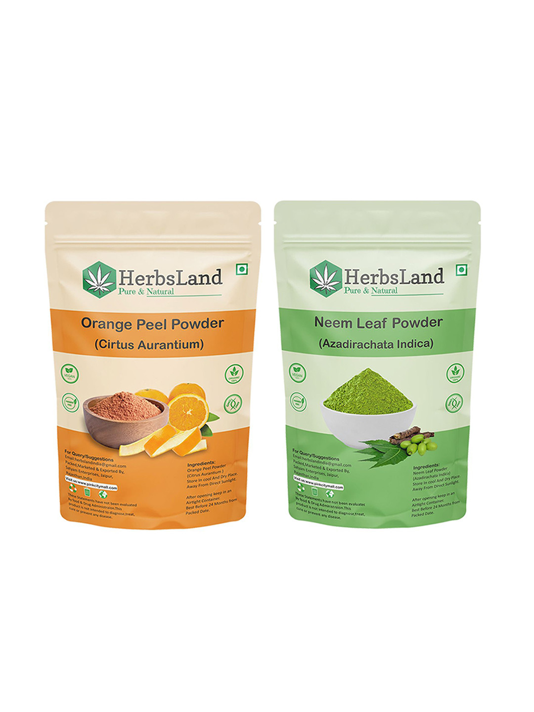 HerbsLand Set Of 2 100% Pure & Natural Orange Peel & Neem Facepack Powder - 100 g Each