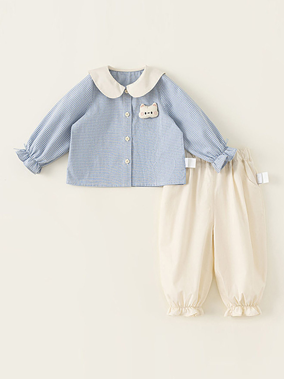 LULU & SKY Girls Checked Peter Pan Collar Long Sleeves Organic Cotton Shirt With Trouser