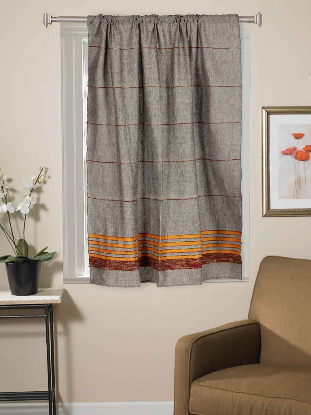 ArtEastri Grey & Yellow Embroidered Cotton Window Curtains