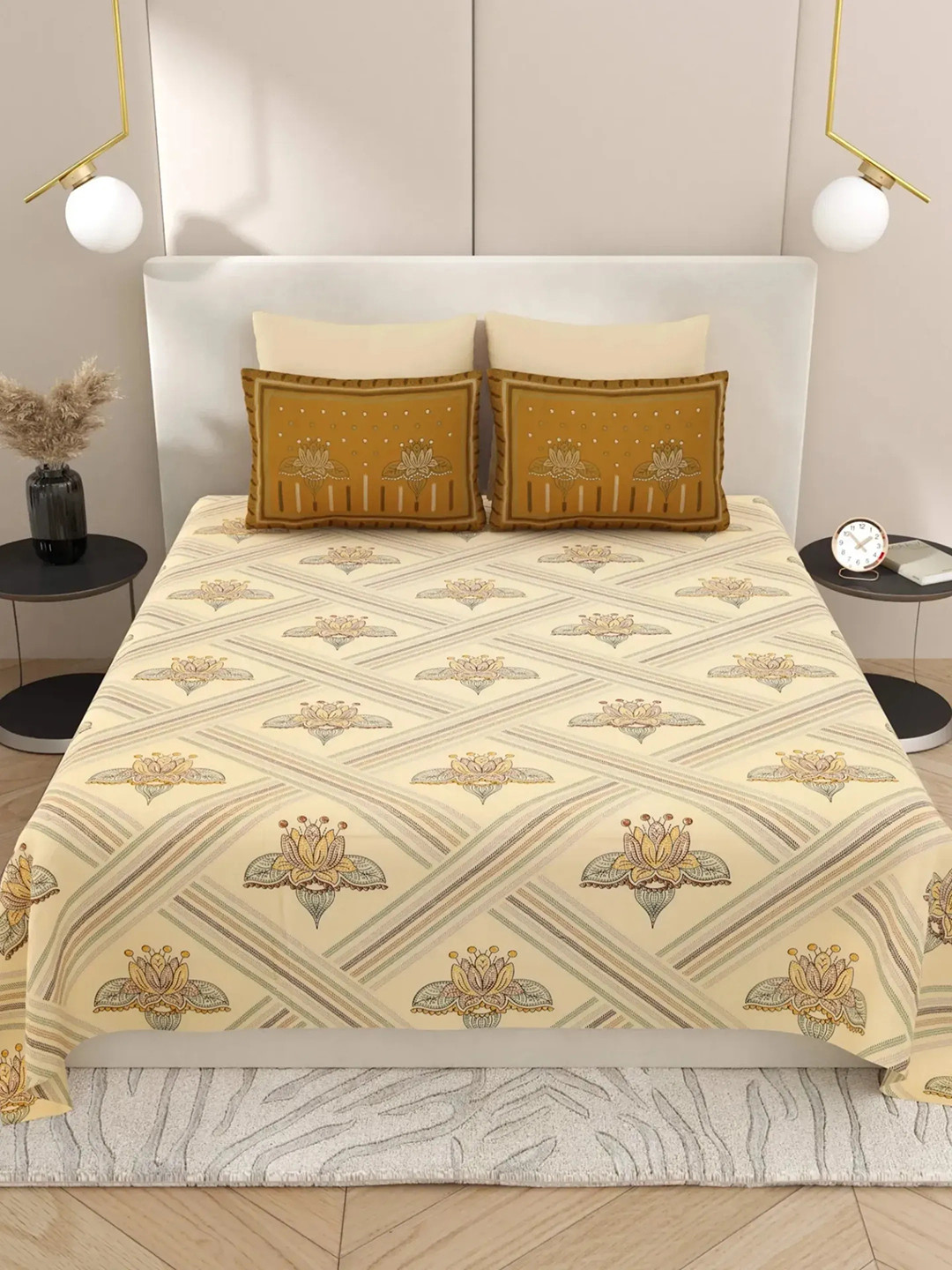 LIVING ROOTS Yellow Floral Cotton 300 TC Super King Fine Bedsheet with 2 Pillow Covers-103 x 103 inches
