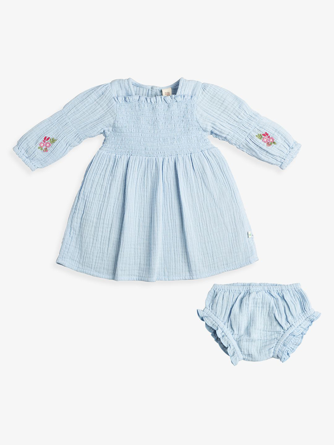 Ed-a-Mamma Baby Girls Floral Embroidered Smocked Cotton A-Line Dress With Bloomer