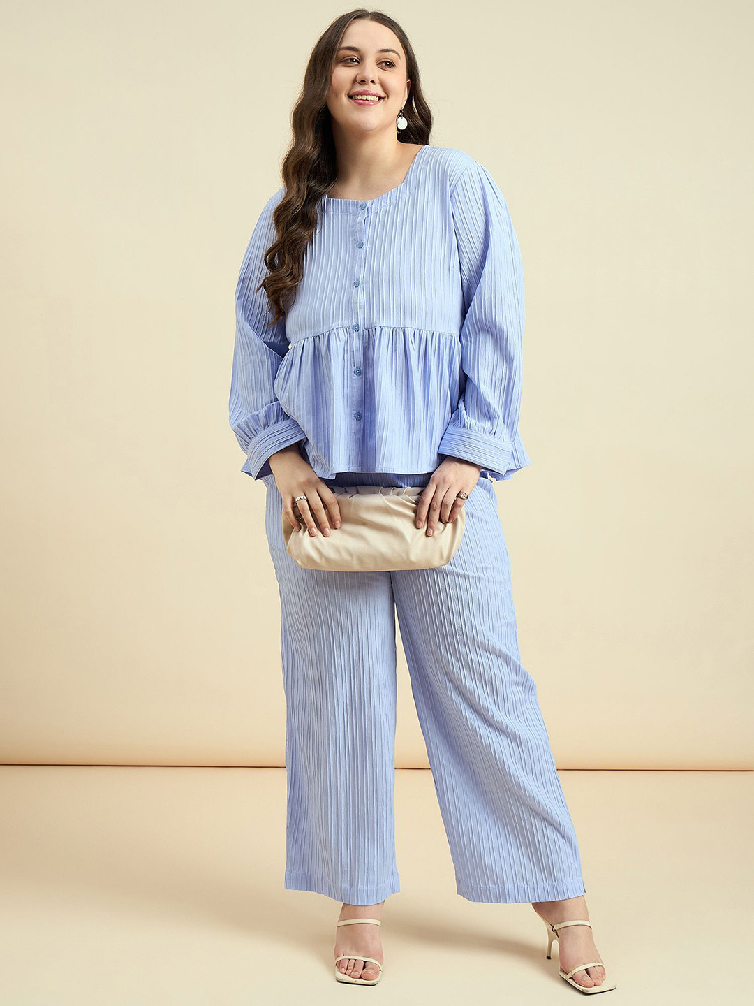 Sztori Round Neck Self Design Top with Trouser