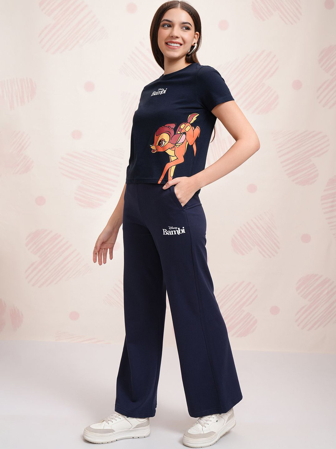 Tokyo Talkies Navy Blue Disney Bambi Printed Pure Cotton T Shirt With Trouser