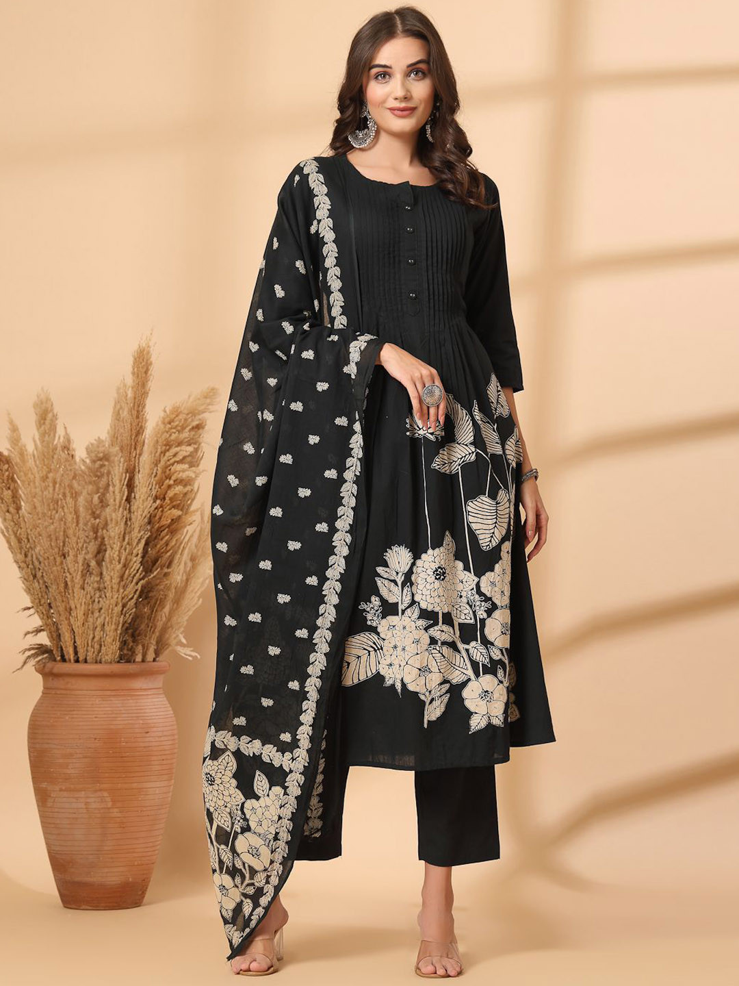 Shangri LA MS Designs Women Floral Embroidered Pleated Aari Work Pure Cotton Kurta with Trousers & With