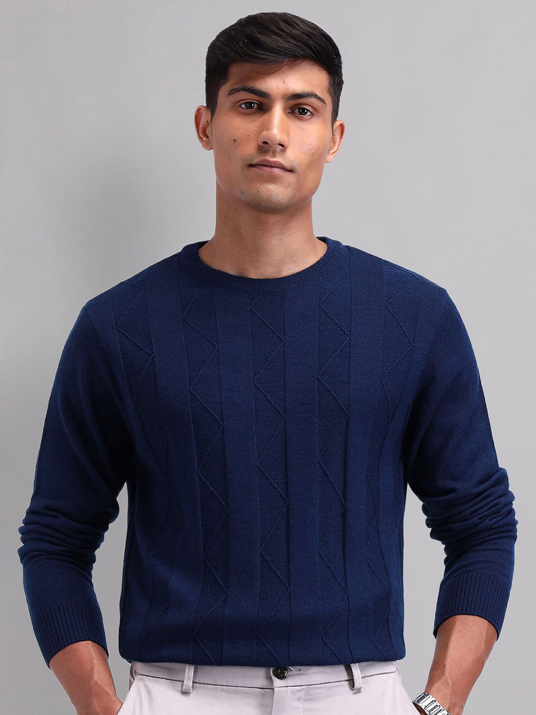AD By Arvind Men Cable Knit Round Neck Long Sleeves Pullover Sweater