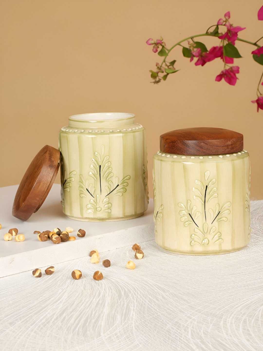 Modefe Cream Floral Ceramic Microwave Safe 2 Piece Clip-On Canister-450ml