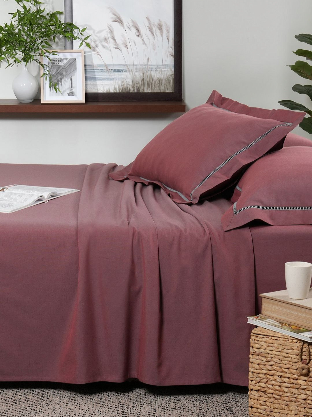 MASPAR Cotsmere Emmie Red Cotton 300 TC King Fine Bedsheet with 2 Pillow Covers-108 x 108 inches