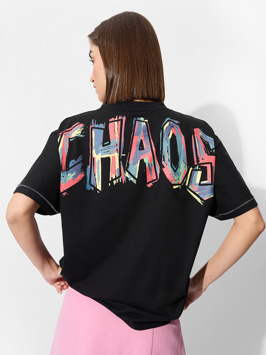 The Souled Store Women All Chaos Black Oversized Fit T-Shirt