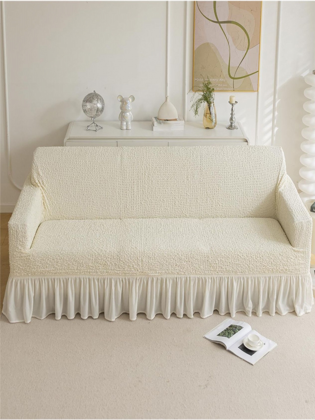 HOUSE OF QUIRK Italian Cream-Coloured Self Design 3 Seater Sofa Cover With Arms