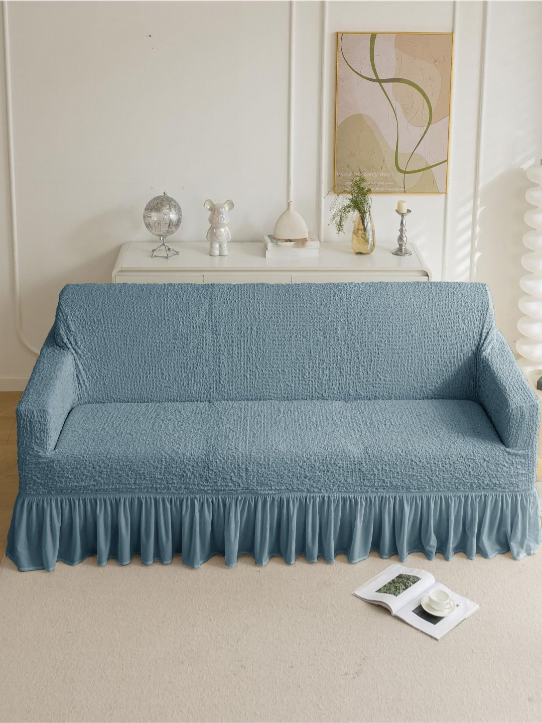 HOUSE OF QUIRK Italian Blue Self Design 3 Seater Sofa Cover With Arms