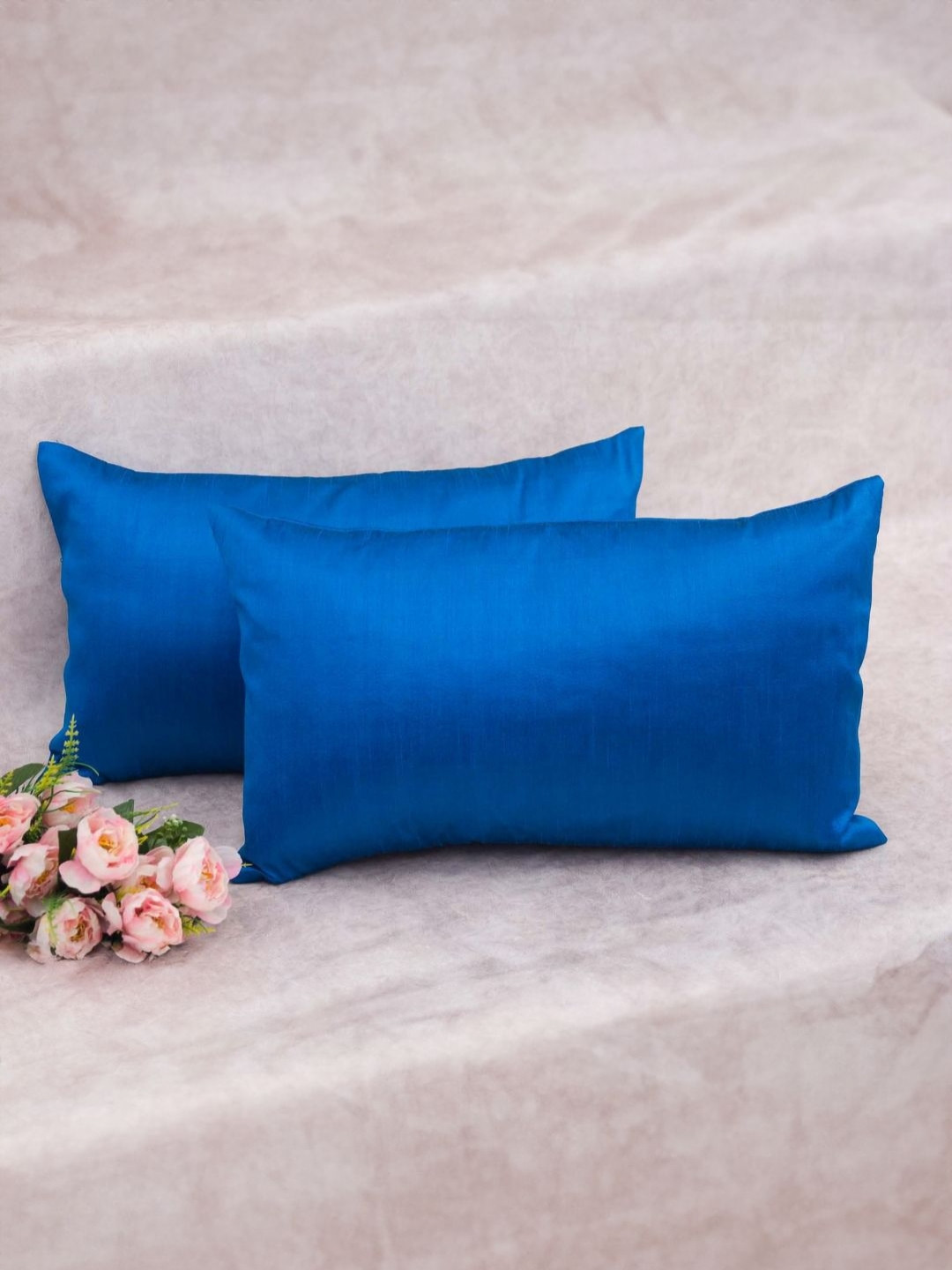 RoyalDeco Teal Silk Color Fastness 2 Pcs Rectangle Cushion Covers - 11.8 x 19.7 In