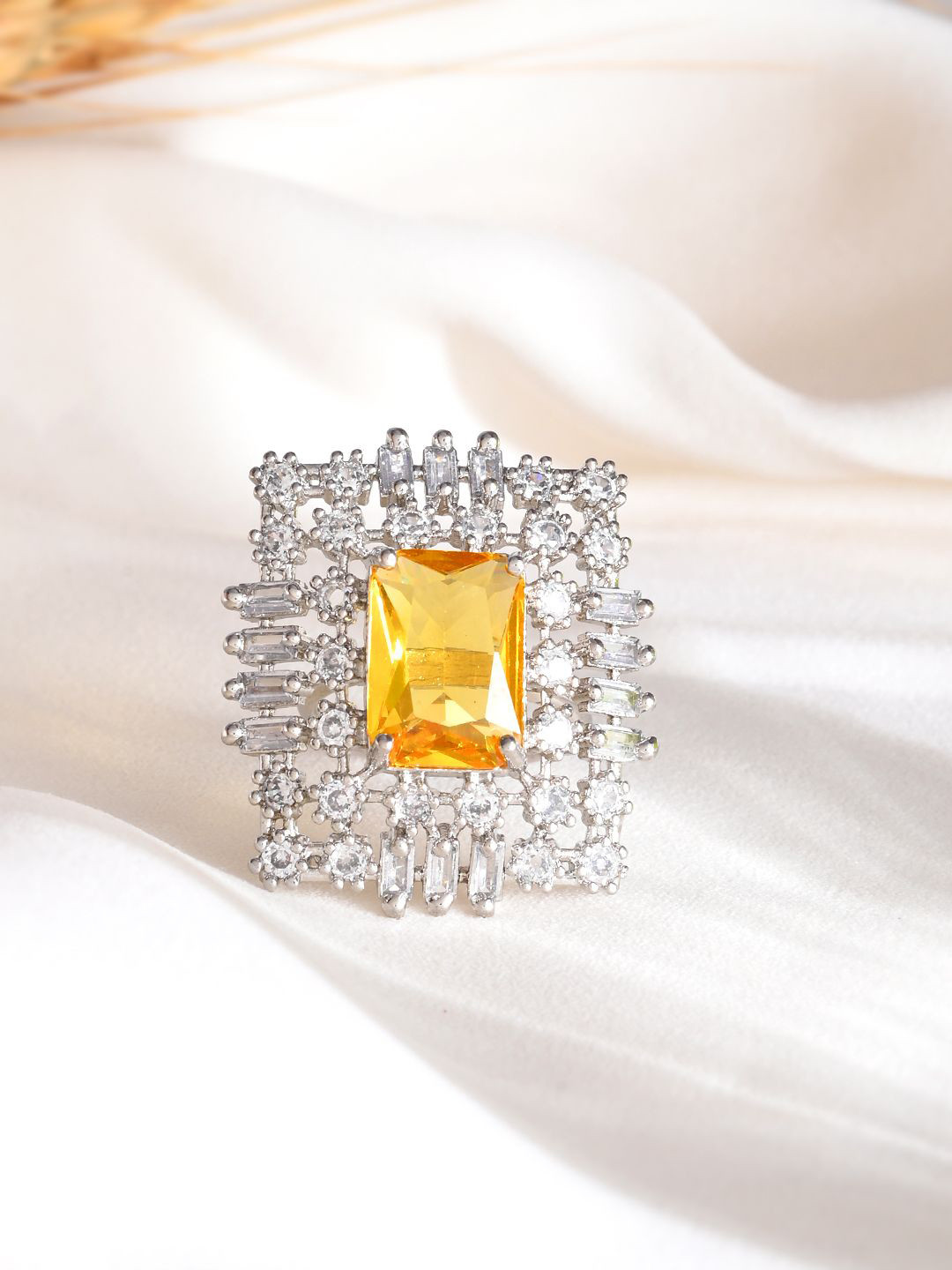 Silvermerc Designs Sliver-Plated American Diamond-Studded Square Finger Ring