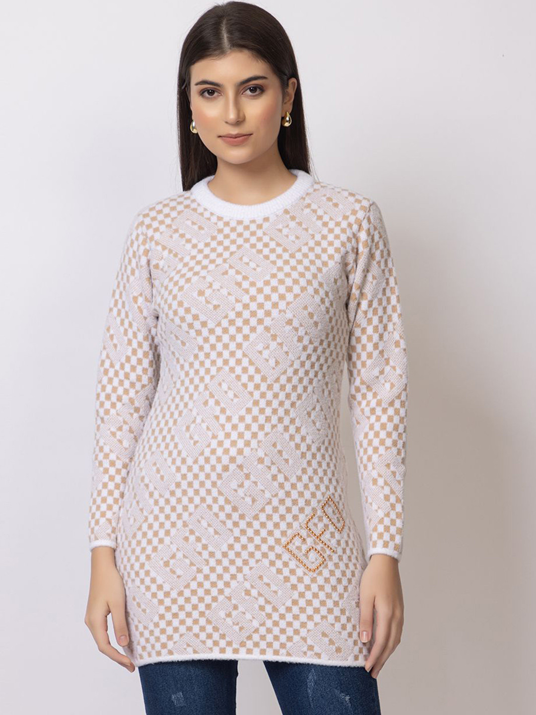 Navsha Women Self Design Round Neck Woollen Longline Pullover