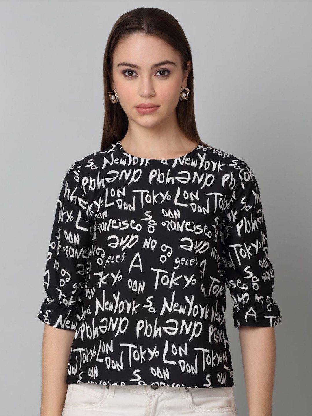 Dressitude Women Typography Printed Bell Sleeves Casual Top