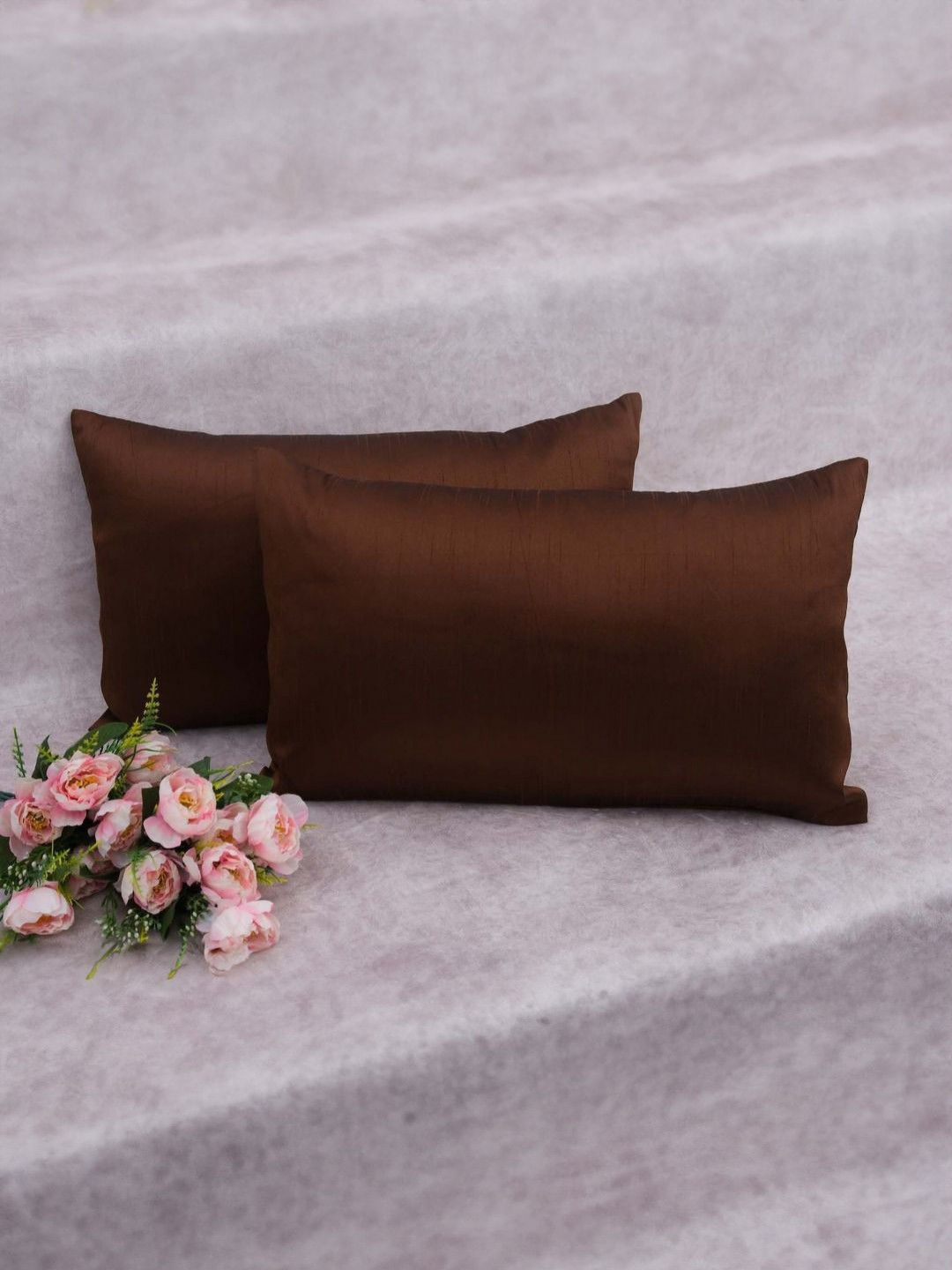 RoyalDeco Brown Silk Durable 2 Pcs Rectangle Cushion Covers - 12 x 20 In