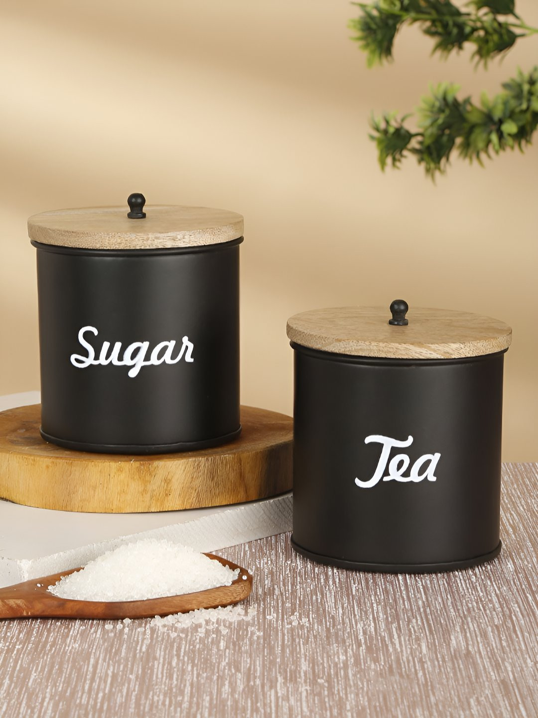 Modefe Black Typography Stainless Steel Smooth Surface 2 Piece Flip Top Canister-850ml