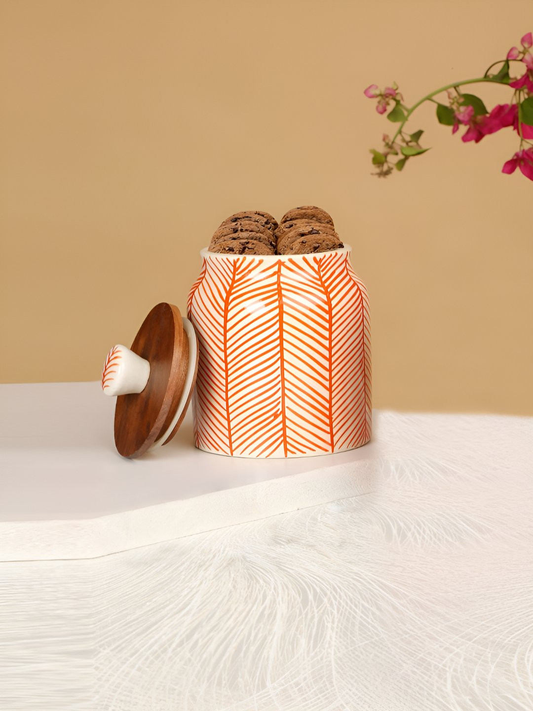 Modefe Orange Leaf Ceramic Microwave Safe Flip Top Canister-450ml