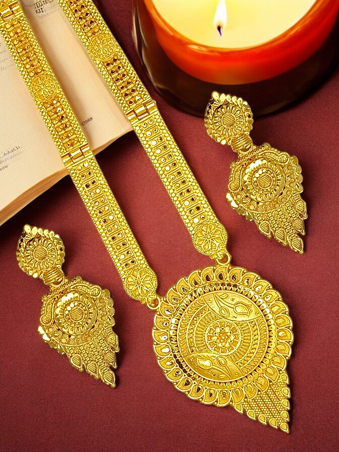 FEMMIBELLA Gold Plated Round Shape Long Haaram Necklace Set