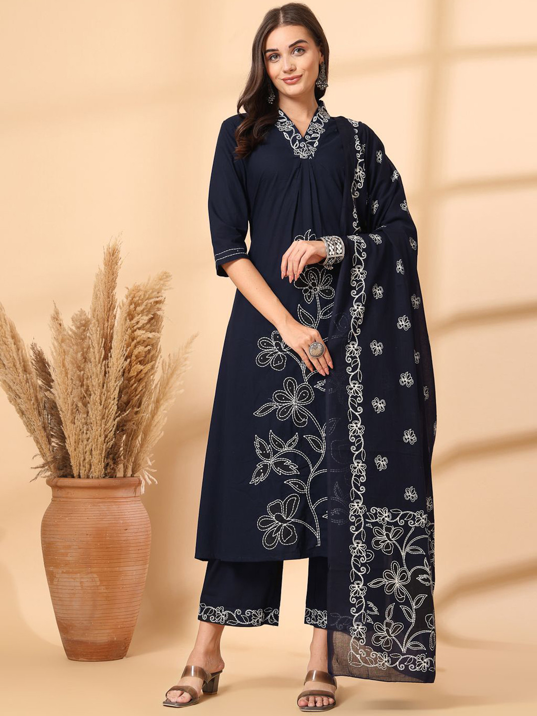 Shangri LA MS Designs Women Empire Sequinned Pure Cotton Kurta with Palazzos & With Dupatta