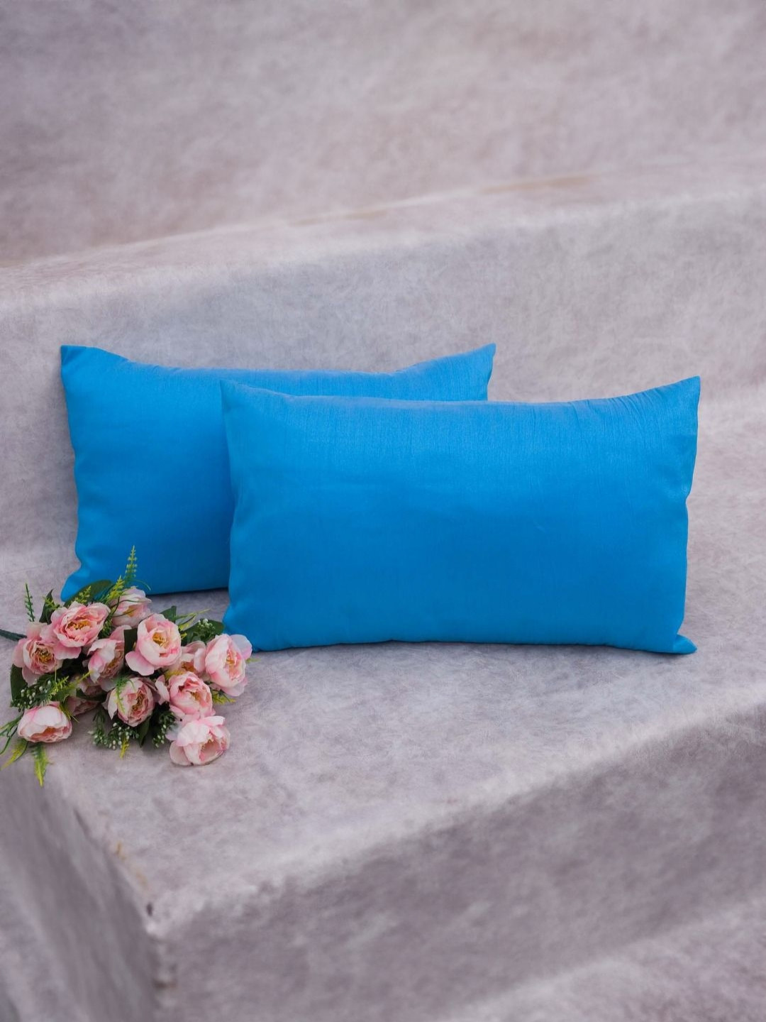 RoyalDeco Blue Silk Color Fastness 2 Piece Rectangle Cushion Covers -12x20In