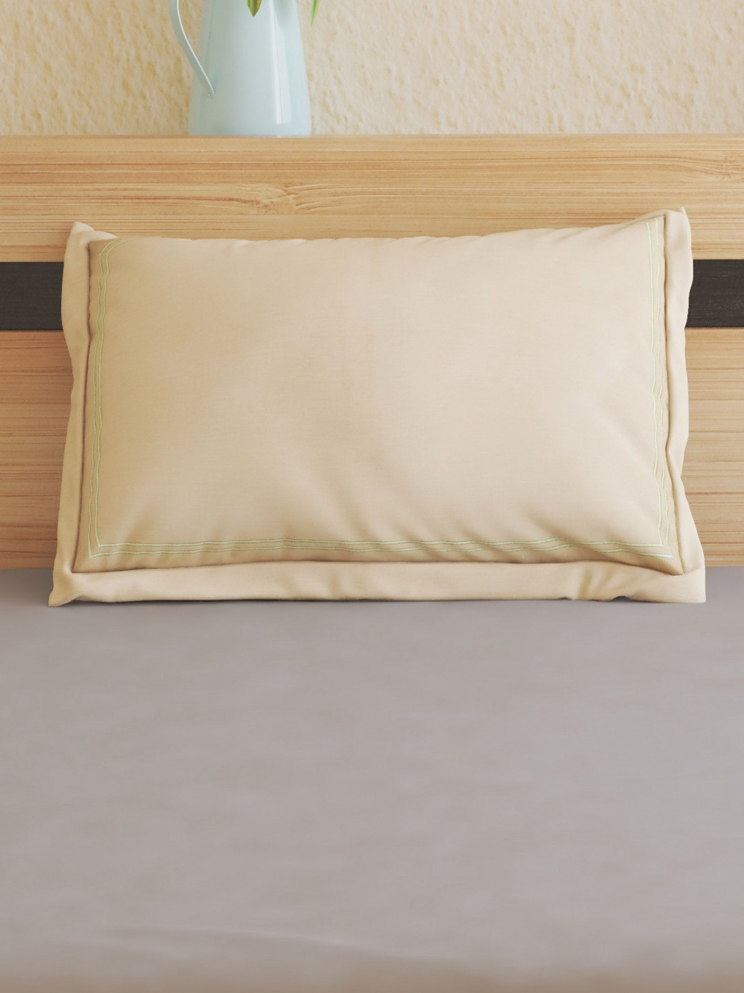 Home Centre Beige & Green 2 Pieces Solid Pure Cotton Square Pillow Covers