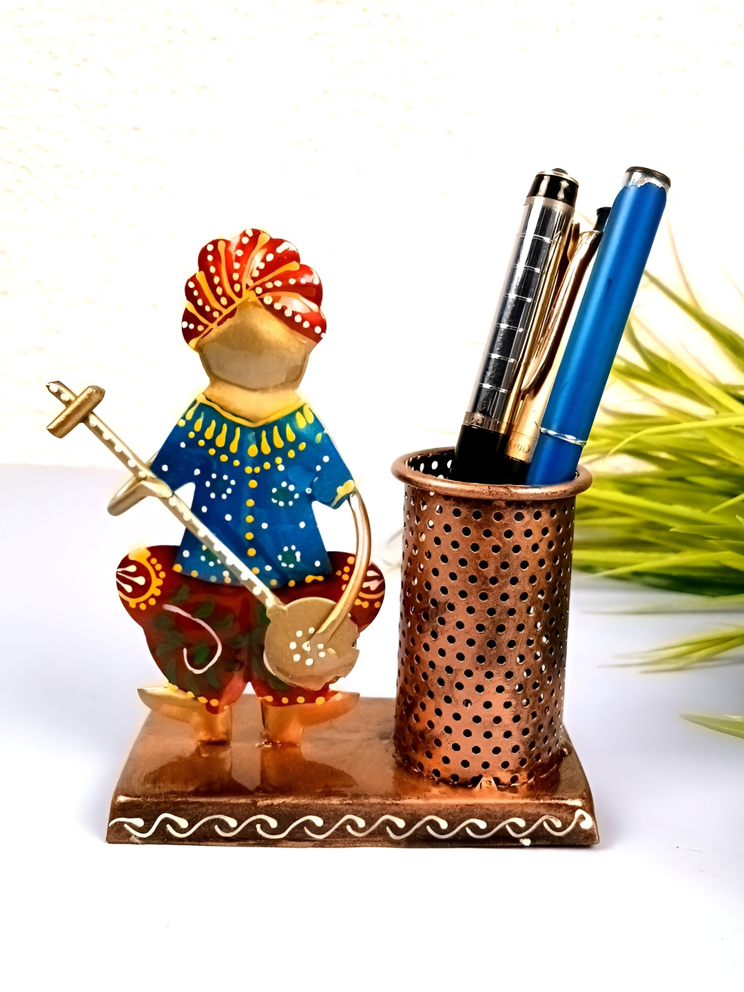 apka mart Pen Pencil Holder Blue Metal Metallic Living Room Music Medium Showpiece - 5.1 Inches