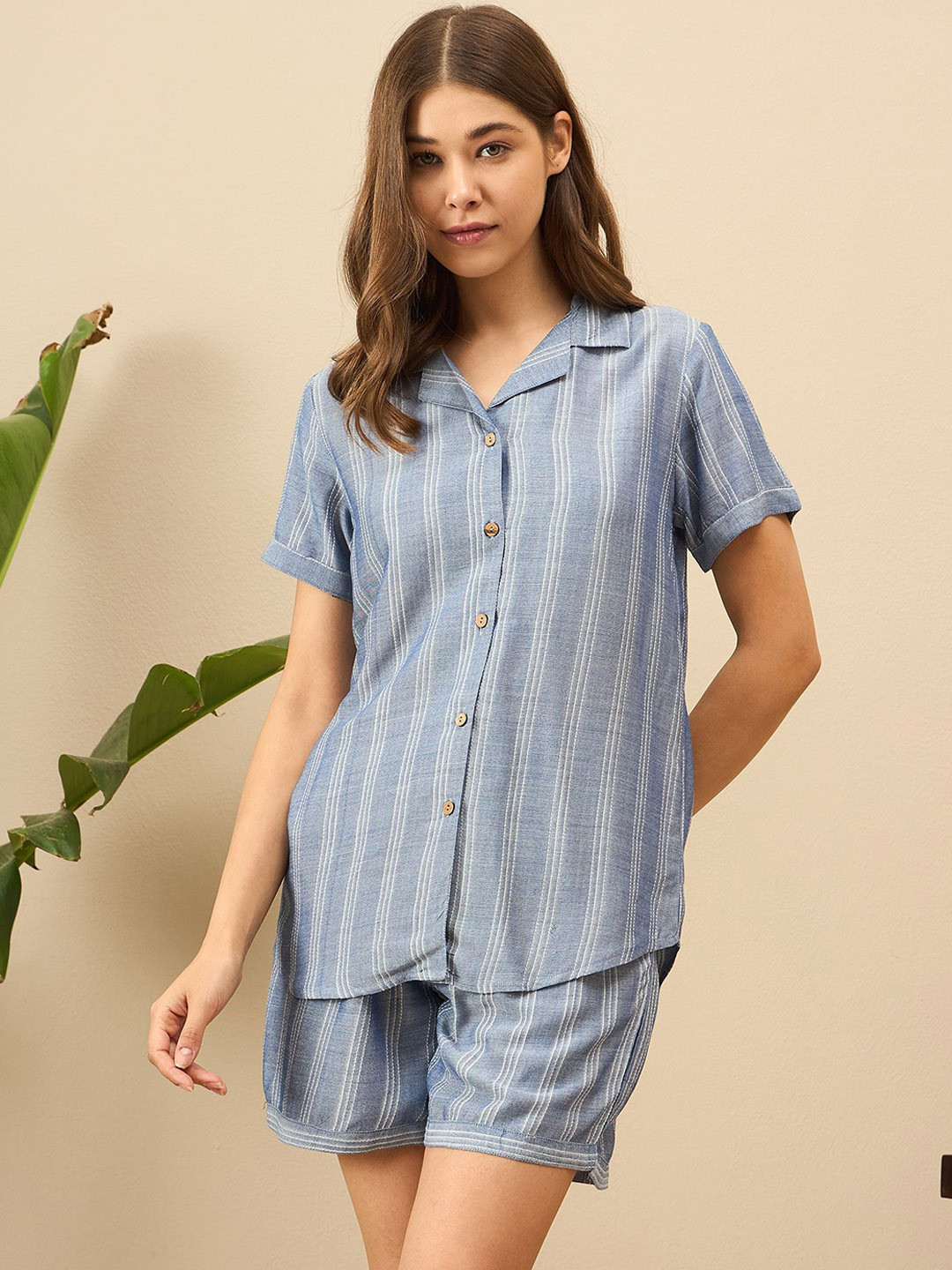 July Women Striped Lapel Collar Night suit