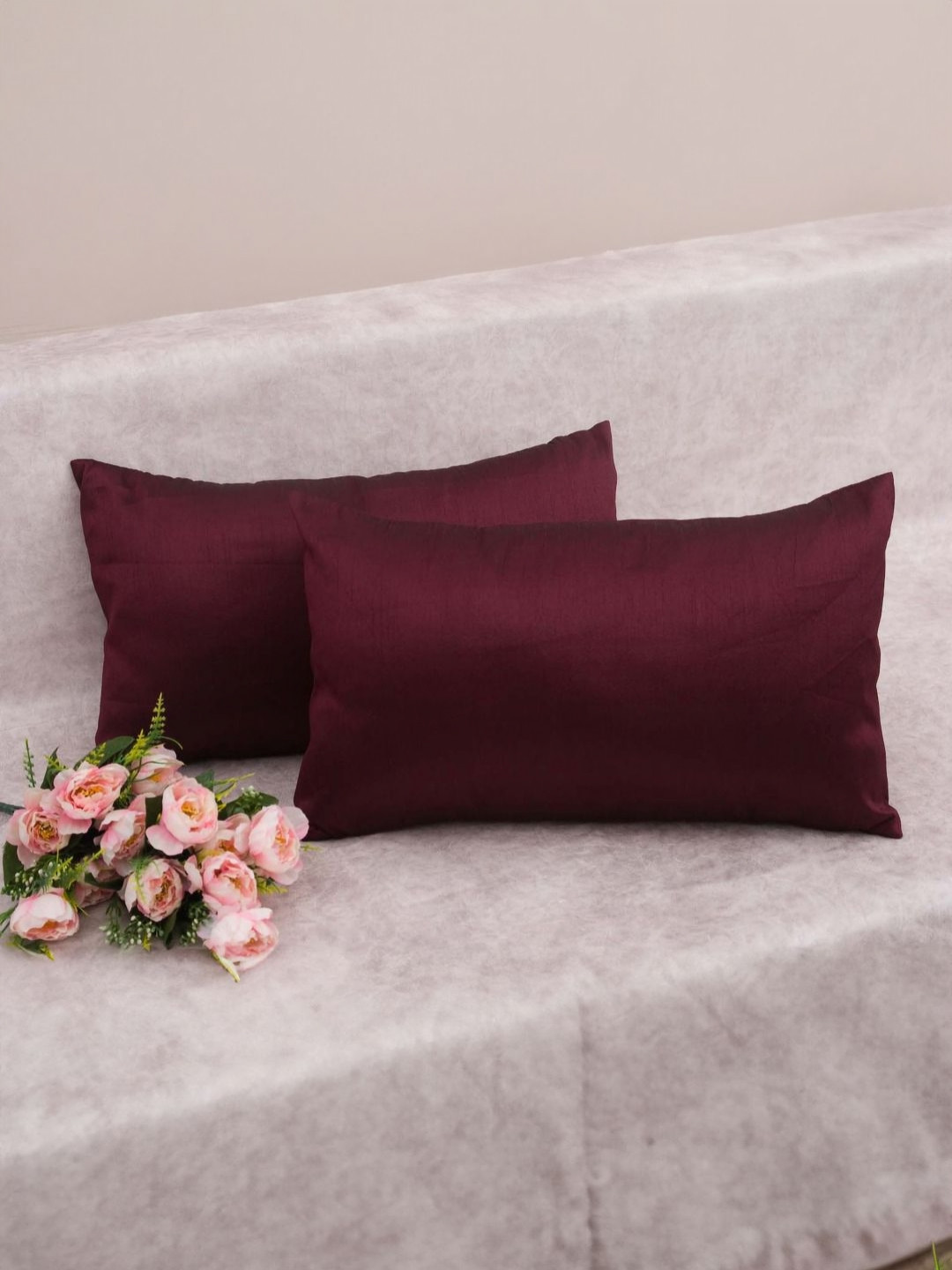 RoyalDeco Shrinkage Maroon Silk Color Fastness 2 Piece Rectangle Cushion Covers -12x20In