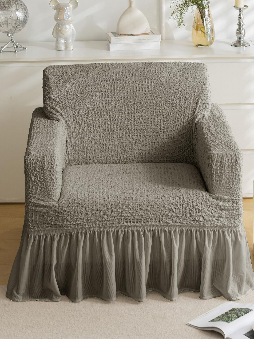 HOUSE OF QUIRK Italian Coffee Brown Self Design Single Seater Sofa Cover With Arms