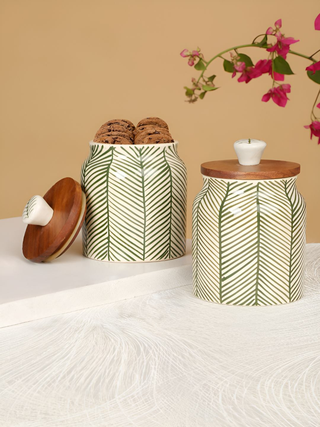 Modefe Green Leaf Ceramic Microwave Safe 2 Piece Flip Top Canister-450ml