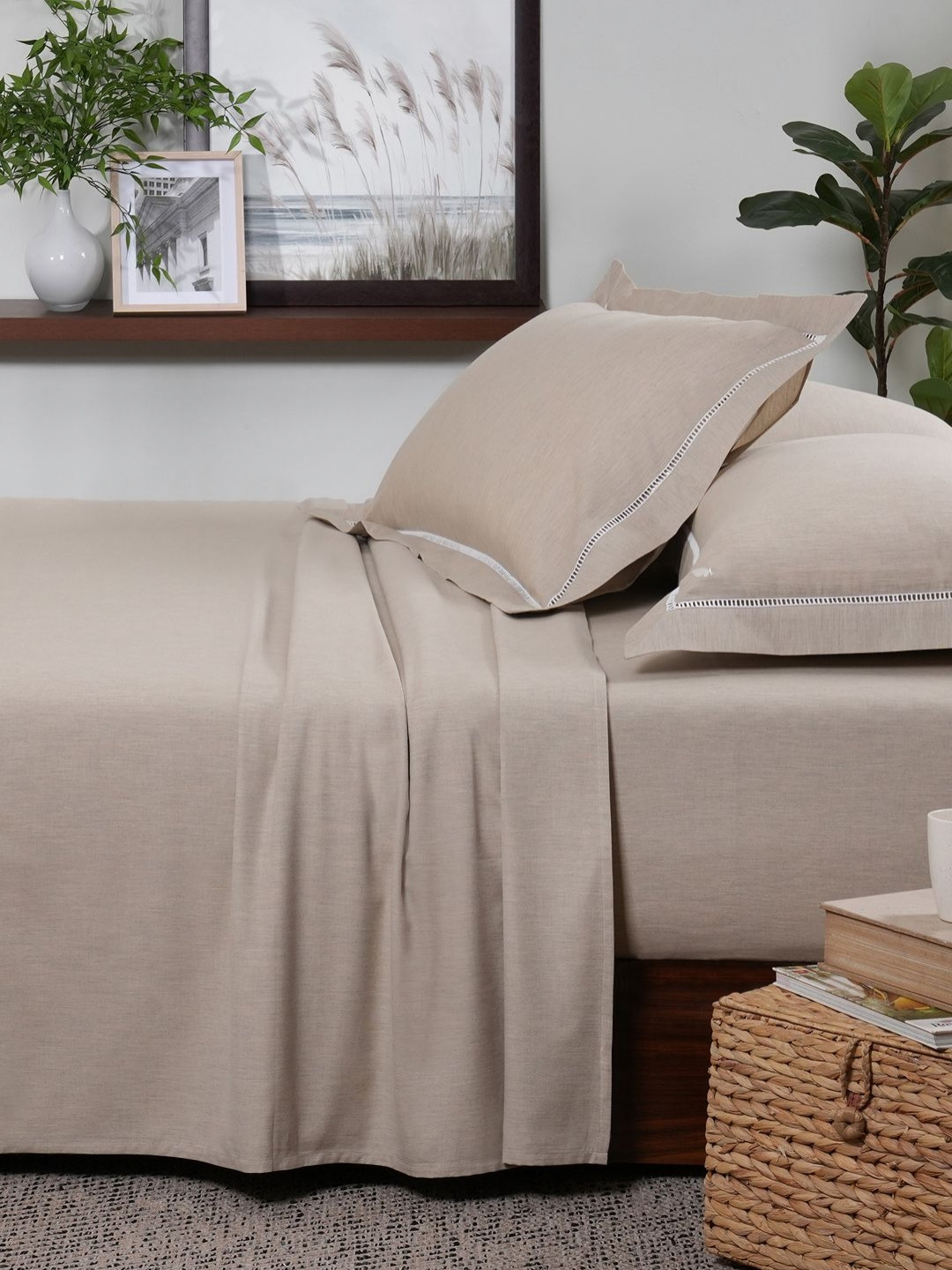 MASPAR Cotsmere Emmie Beige Cotton 300 TC King Fine Bedsheet with 2 Pillow Covers-108 x 108 inches