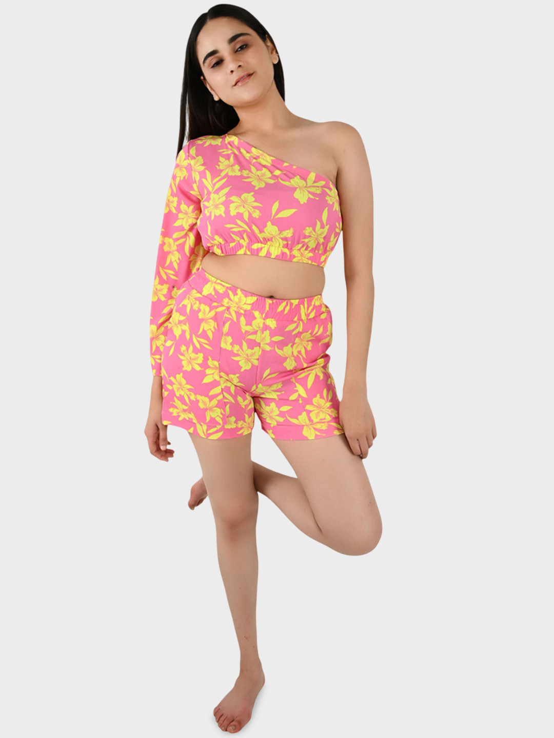Blissence Floral Printed One Shoulder Neck Long Sleeves Swimwear cover up Set