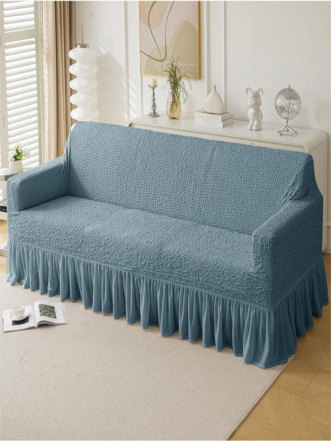 HOUSE OF QUIRK Italian Blue Self Design 4 Seater Sofa Cover With Arms