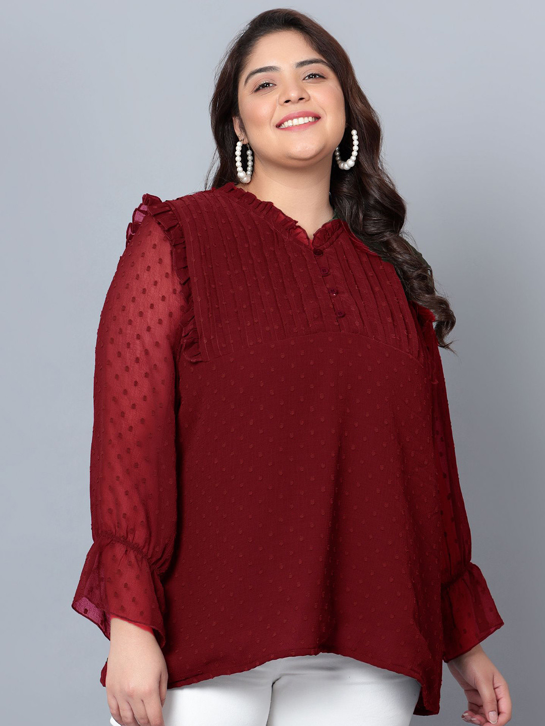 Indietoga Women Embroidered Mandarin Collar Puff Sleeve Gathered or Pleated Plus Size Top