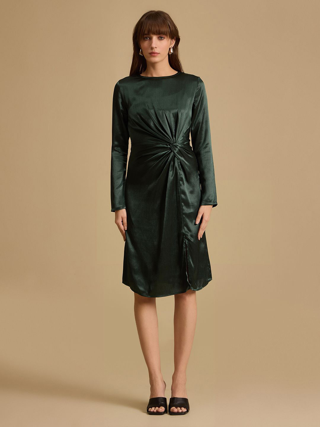 Kazo Round Neck Long Sleeves A-Line  Dress With Slit