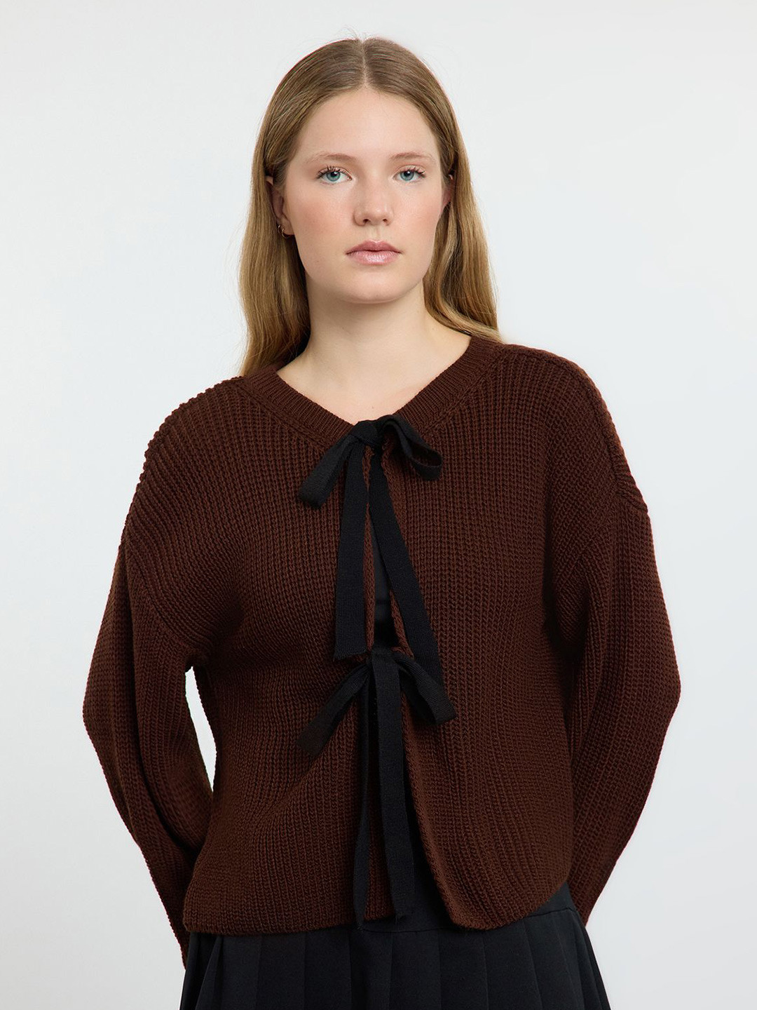 Trendyol Women Self Design Cable Knit Tie-Up Neck Top