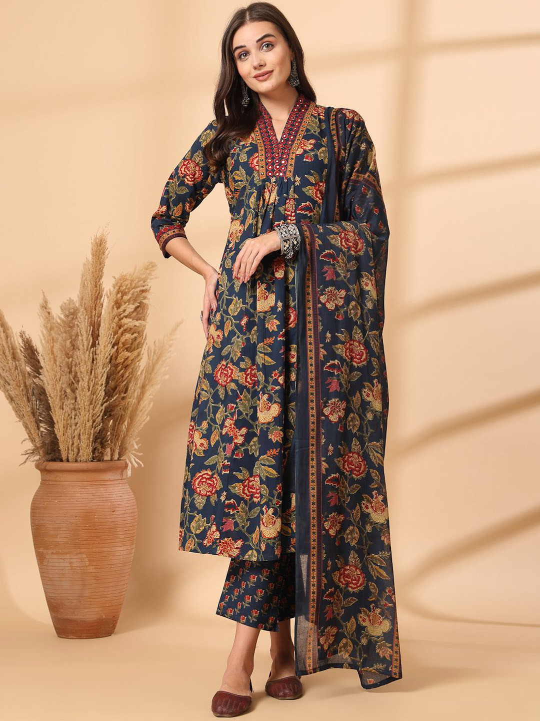 Shangri LA MS Designs Women Floral Printed Empire Mirror Work Pure Cotton Kurta with Trousers & With Dupatta