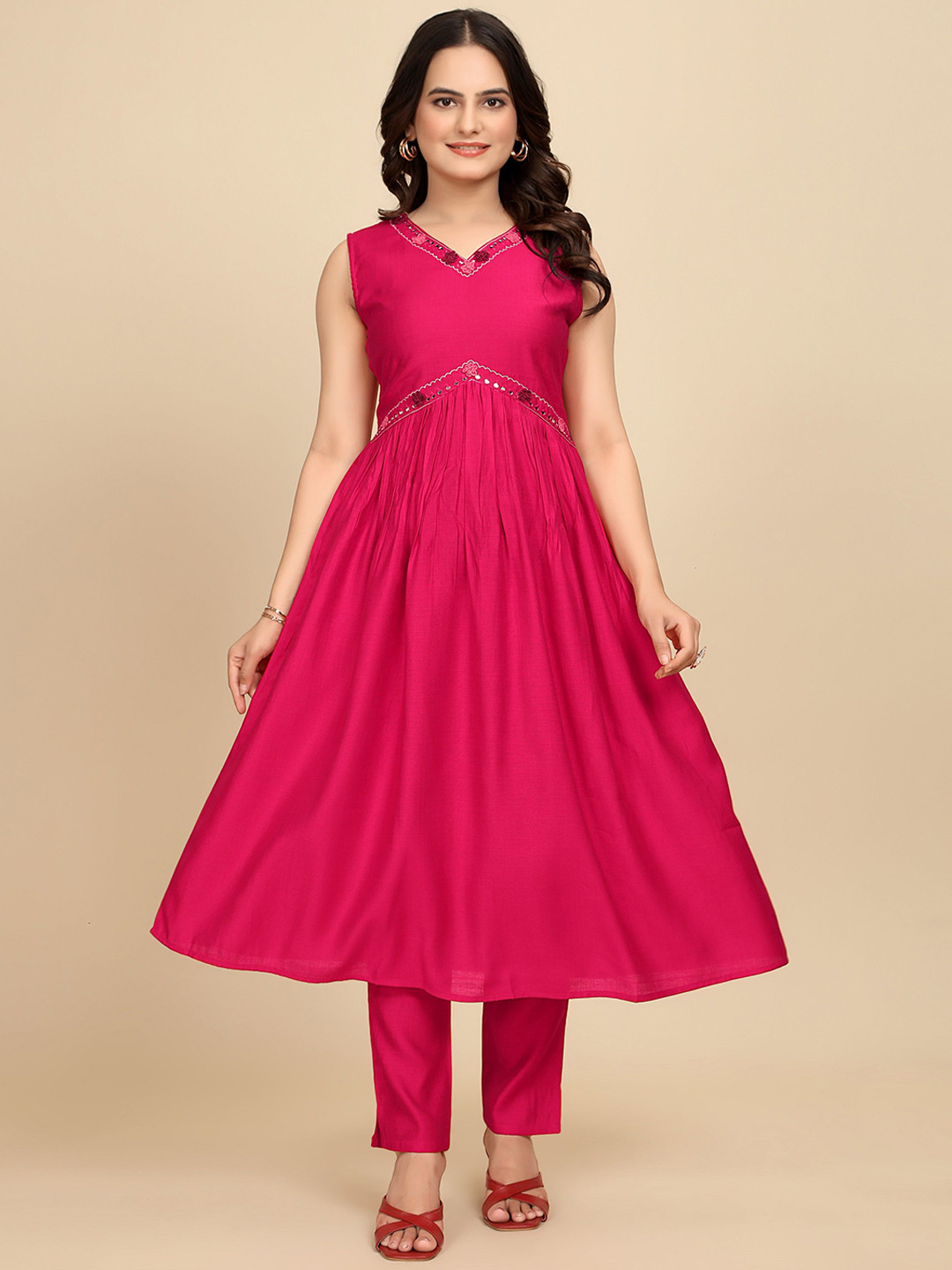 PARNAVI Women Embroidered Empire Thread Work Chanderi Cotton Kurta with Trousers