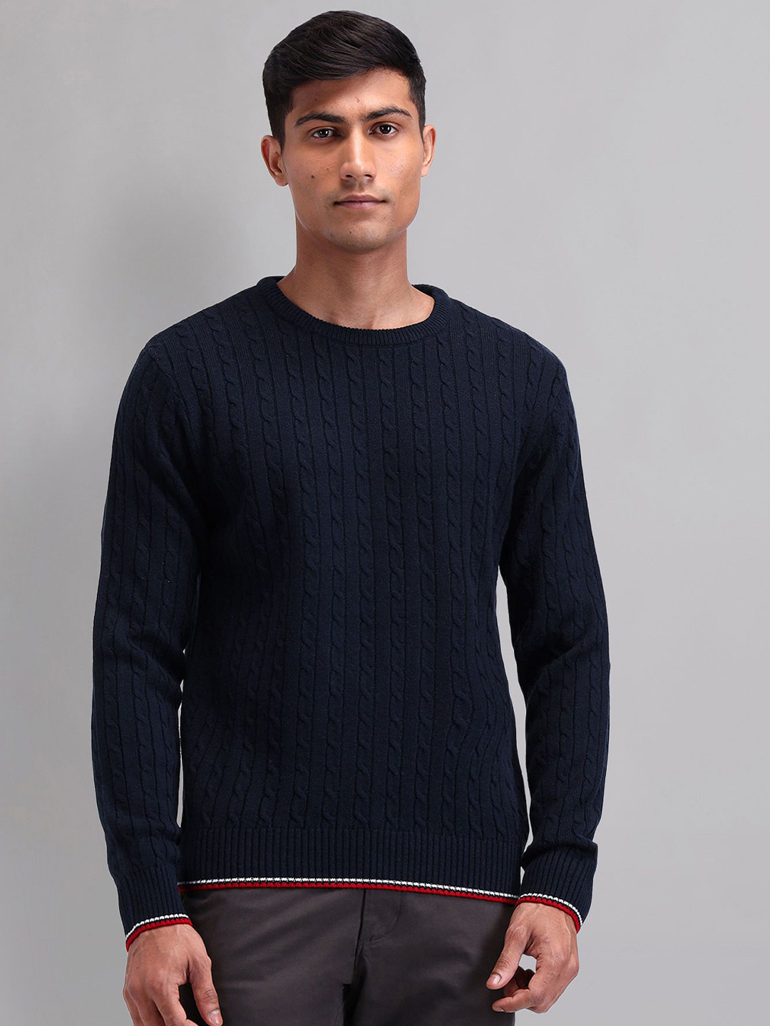 AD By Arvind Men Cable Knit Round Neck Long Sleeves Pullover
